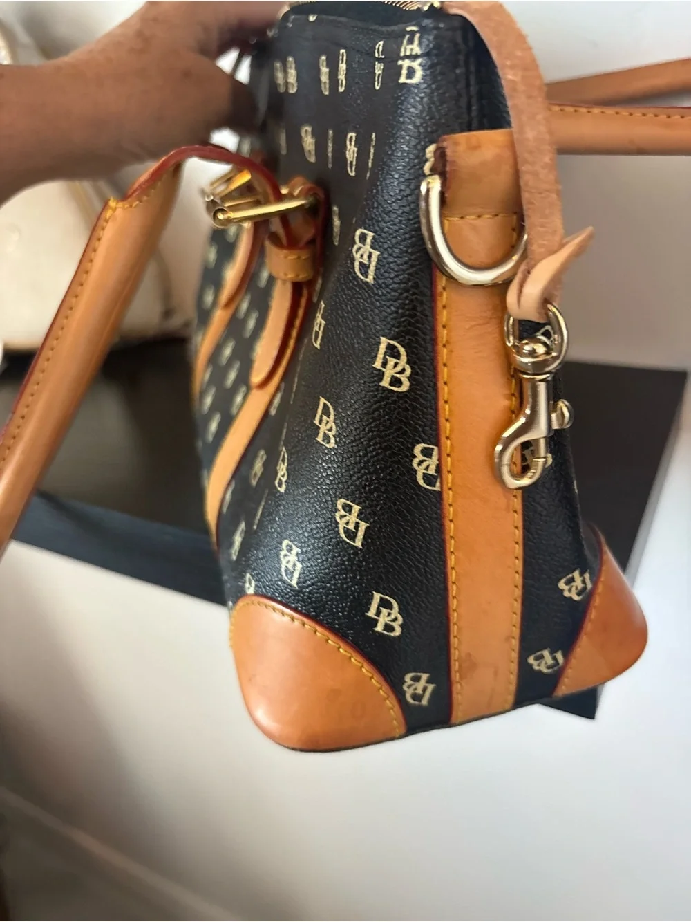 Dooney & Bourke Black Logo Messenger with Tan Leather Trim